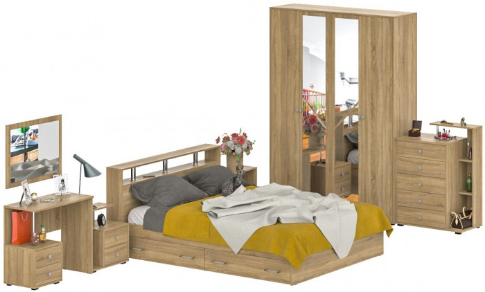 Камелия спальня № 10 Кровать с ящиками 1600 + Две тумбы + Стол косм. + Зеркало + Комод + Шкаф, цвет дуб сонома, 1600х2000 мм., б/м, осн. есть