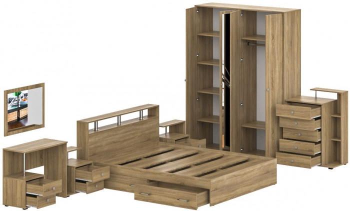 Камелия спальня № 10 Кровать с ящиками 1600 + Две тумбы + Стол косм. + Зеркало + Комод + Шкаф, цвет дуб сонома, 1600х2000 мм., б/м, осн. есть