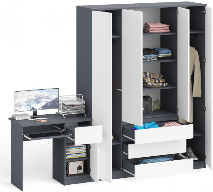 Мори Стол компьютерный МС-1 правый + Шкаф МШ1600.1, цвет графит/белый, ШхГхВ 250,4х50,4х209,6 см., выдвижной ящик справа, НЕ универсальная сборка