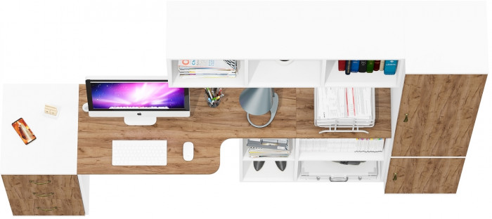 Лидер-8 Стол + Полка + Тумба МД 3.16 + Пенал МД 22Б, цвет белый шагрень/крафт золото, ШхГхВ 245х50/37,5х75/190 или 155х120/50х75/190 см., НЕ ун. сб.