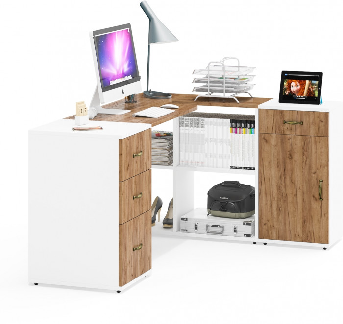 Лидер-8 Стол + Тумба МД 3.15 + Тумба МД 3.16, цвет белый шагрень/крафт золото, ШхГхВ 245х50/30х75 см. или 115х50/160х75 см., НЕ универсальная сборка