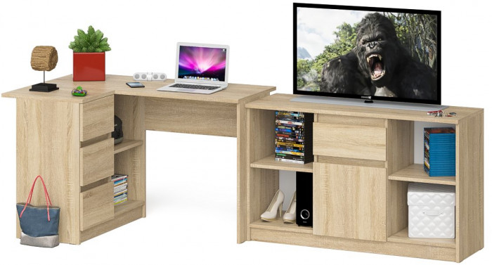 Мори Стол компьютерный МС-16 левый + Тумба МТВ1204.1, цвет дуб сонома, ШхГхВ 244,8х84,9х76,6 см., выдвижные ящики слева, НЕ универсальная сборка