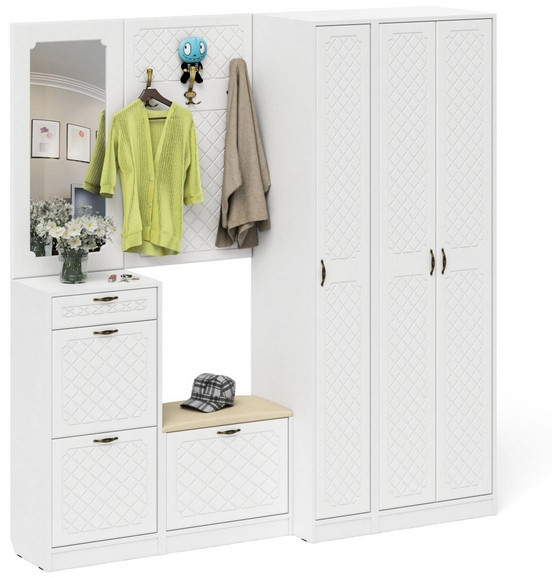 Прихожая П-6 Компоновка № 51, белая шагрень/фасады МДФ белое дерево фрезеровка ромб