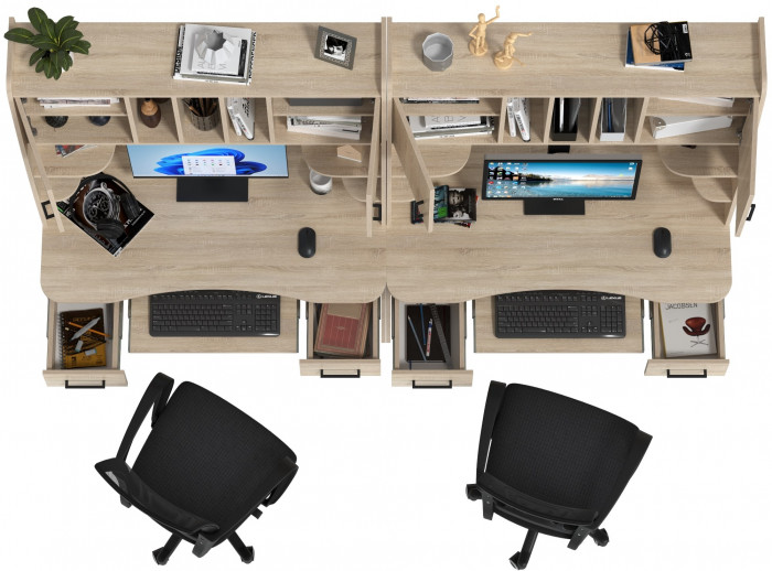 Два стола рабочих 6-0604 Бета + два кресла 103 чёрных, цвет дуб сонома, ШхГхВ 240х60,5х183,5 см.