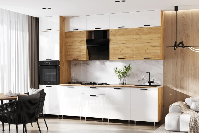 Кухня Рио NEW ЛДСП 3,0м/1080м (490), Компановка №3/1, Белый глянец/Дуб Крафт