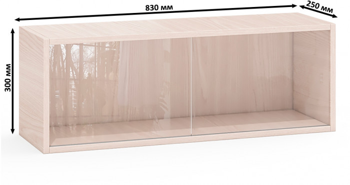 Две полки книжных С-МД-КН01, цвет ясень шимо светлый, размер каждой полки в отдельности: ШхГхВ 83х25х30 см., стеклянные дверцы