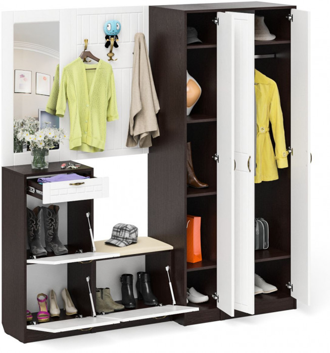 Прихожая П-6 Компоновка № 51, венге/фасады МДФ белое дерево фрезеровка прованс