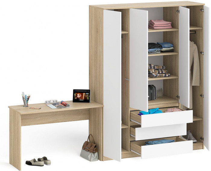 Мори Стол письменный МСП1200.1 + Шкаф МШ1600.1, цвет дуб сонома/белый, ШхГхВ 280,8х50,4х209,6 см., универсальная сборка