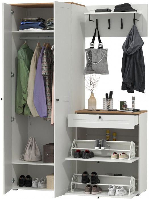 Остин Прихожая 17, цвет белый шагрень/дуб крафт золотой, ШхГхВ 160х54,3х229,6 см., универсальная сборка