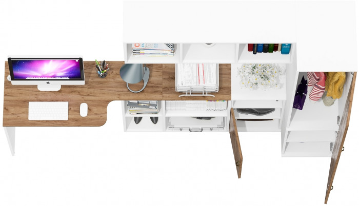 Лидер-8 Стол + Полка + Тумба МД 3.19 + Пенал МД 23Б, белый шагрень/крафт золото