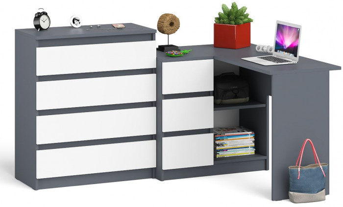 Мори Стол компьютерный МС-16 левый + Комод МК800.4, цвет графит/белый, ШхГхВ 204,8х84,9х94 см., выдвижные ящики слева, НЕ универсальная сборка