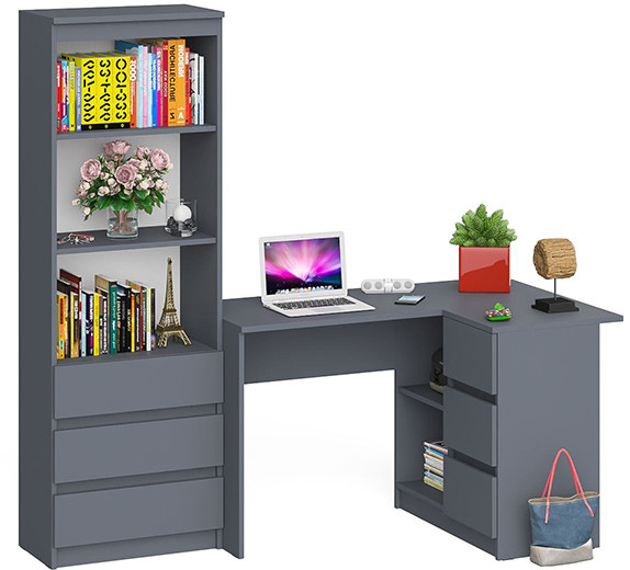 Мори Стол компьютерный МС-16 правый + Стеллаж МСТ600.3, цвет графит, ШхГхВ 184,8х84,9х179,6 см., выдвижные ящики справа, НЕ универсальная сборка