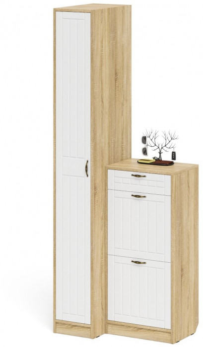 Прихожая П-6 Компоновка № 42, цвет дуб сонома/фасады МДФ белое дерево фрезеровка прованс, ШхГхВ 80х50х210 см., универсальная сборка