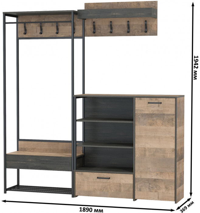 Трувор Прихожая 217, цвет дуб гранж песочный/интра, ШхГхВ 189х36,9х194,2 см., универсальная сборка