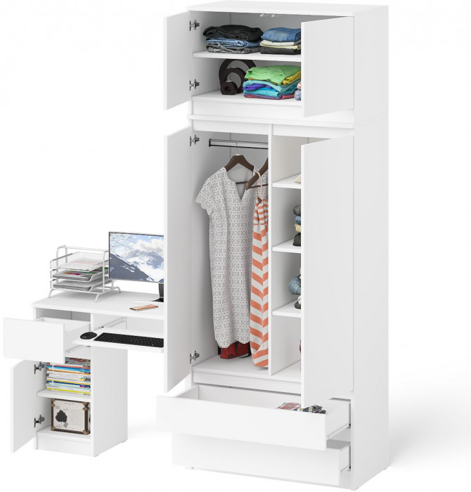 Мори Стол компьютерный МС-1 левый + Шкаф МШ900.1 + Антресоль МА900.1, цвет белый, ШхГхВ 180,4х50,4х234,2 см., выдвижной ящик слева, НЕ универс. сборка