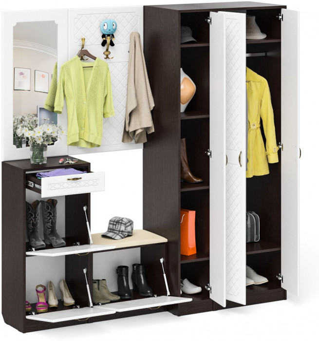 Прихожая П-6 Компоновка № 51, венге/фасады МДФ белое дерево фрезеровка ромб