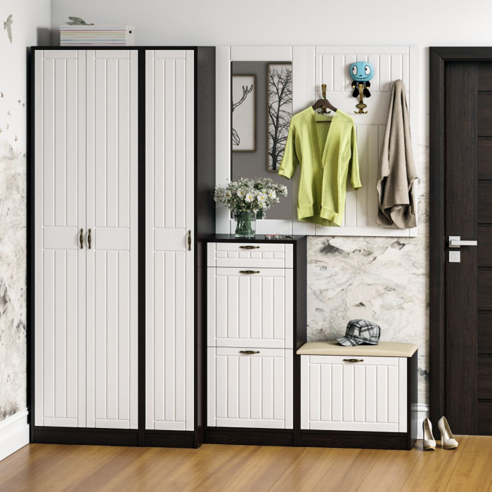 Прихожая П-6 Компоновка № 51, цвет венге/фасады МДФ белое дерево фрезеровка прованс, ШхГхВ 200х50х210 см., универсальная сборка