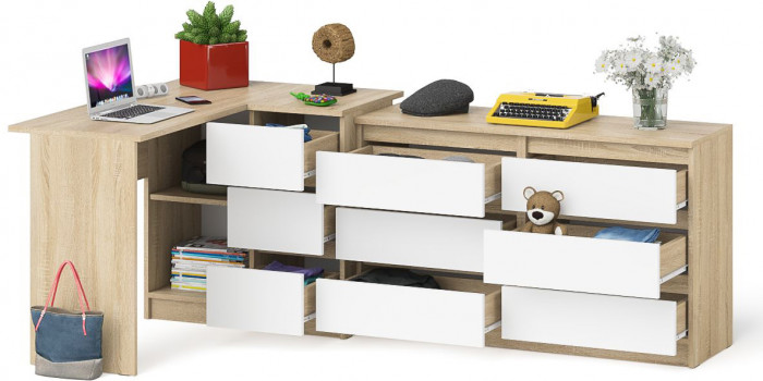 Мори компьютерный стол МС-16 правый + Комод МК1200.6, дуб сонома/белый