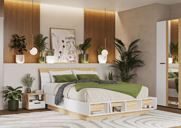 САНСА КР-01 Кровать 1.4х2.0 Фасад ДУБ СОНОМА/Корпус БЕЛЫЙ,ДУБ СОНОМА