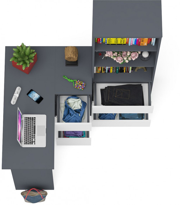 Мори Стол компьютерный МС-16 правый + Стеллаж МСТ600.3, цвет графит/белый, ШхГхВ 184,8х84,9х179,6 см., выдвижные ящики справа, НЕ универсальная сборка