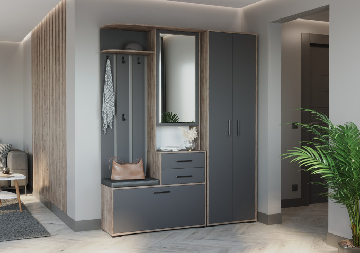 Прихожая 2-3430+2-3431дкт/граф Домино - Комплект для прихожей, цвет дуб крафт табачный/графит, ШхГхВ 160х36х202 см., универсальная сборка
