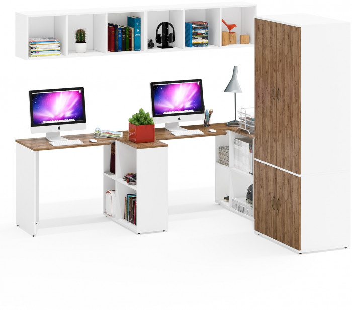 Лидер-8 Стол + Полка + Стол + Полка + Шкаф МД 19Б + Тумба МД 3.15, белый шагрень/крафт золото