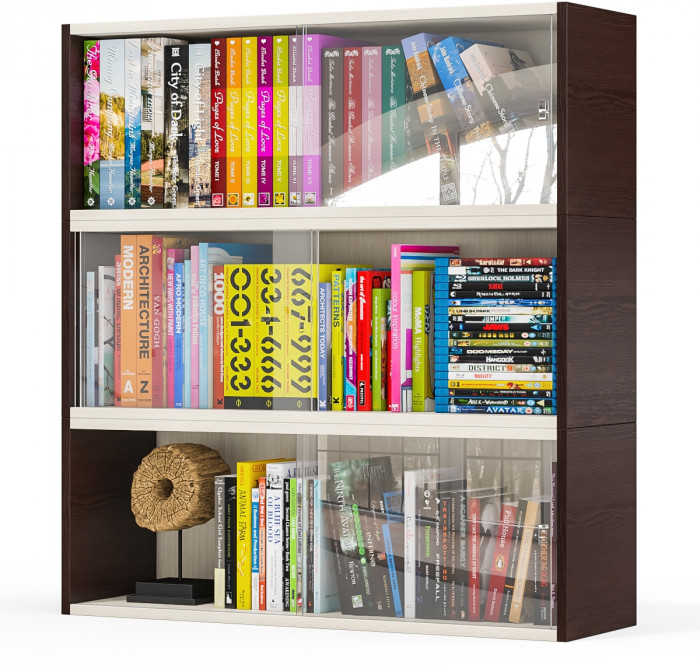 Три полки книжных С-МД-КН01, цвет венге/дуб, ШхГхВ размер каждой полки в отдельности: 83х25х30 см., стеклянные дверцы