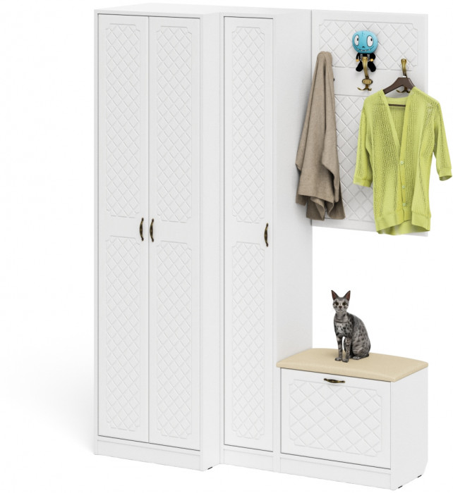 Прихожая П-6 Компоновка № 27, белая шагрень/фасады МДФ белое дерево фрезеровка ромб