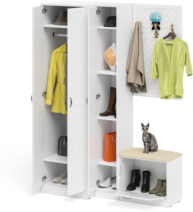 Прихожая П-6 Компоновка № 27, белая шагрень/фасады МДФ белое дерево фрезеровка ромб