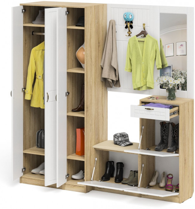 Прихожая П-6 Компоновка № 51, дуб сонома/фасады МДФ белое дерево фрезеровка прованс