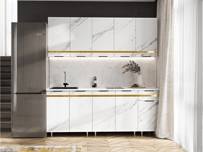 Кухня МДФ Милена 2000 (Белый, Мрамор белый софт/Мрамор блэк софт, Антарес)