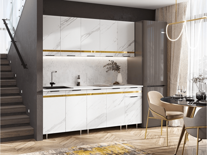 Кухня МДФ Милена 2000 (Белый, Мрамор белый софт/Мрамор блэк софт, Антарес)