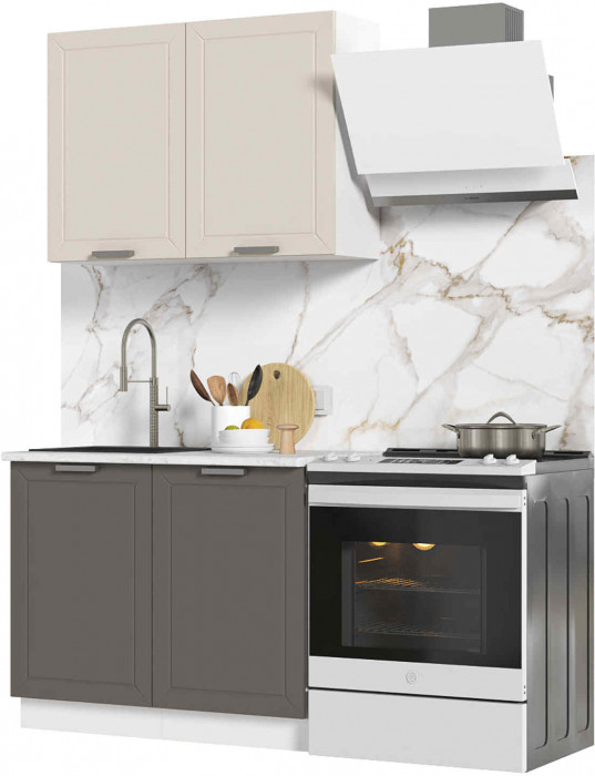 Кухня Альфа 1 м комби верх белый, низ вулкан (корпус белый, столешница мрамор лацио)