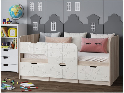 Детская кровать Юниор-9, 80х180 (Белый глянец, Ясень шимо светлый)