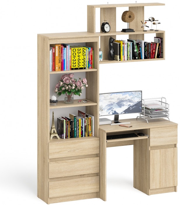 Мори Стол компьютерный МС-1 правый + Стеллаж МСТ600.3 + Полка 900, цвет дуб сонома, ШхГхВ 150,4х50х209,6 см., НЕ универсальная сборка