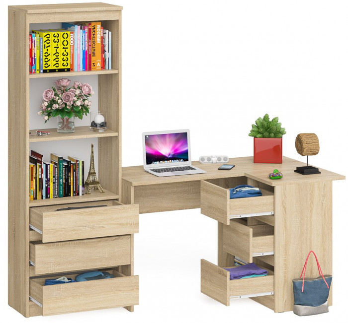 Мори Стол компьютерный МС-16 правый + Стеллаж МСТ600.3, цвет дуб сонома, ШхГхВ 184,8х84,9х179,6 см., выдвижные ящики справа, НЕ универсальная сборка