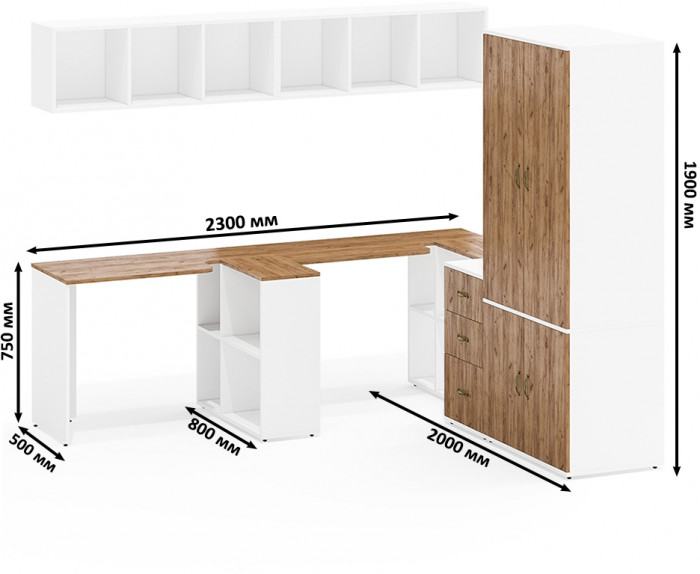 Лидер-8 Стол + Полка + Стол + Полка + Шкаф МД 19Б + Тумба МД 3.16, белый шагрень/крафт золото