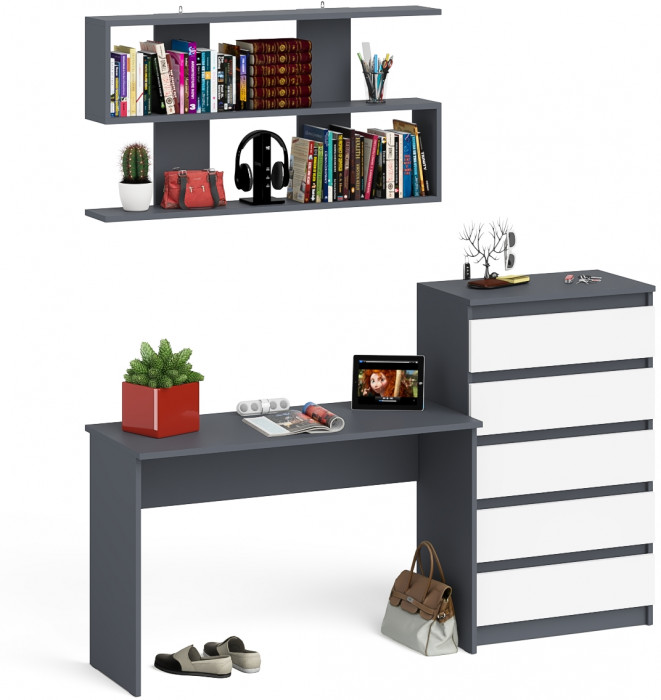 Мори Стол письменный МСП1200.1 + Комод МК700.5 + Полка 1200, цвет графит/белый, ШхГхВ 190,8х50х209,6 см., универсальная сборка
