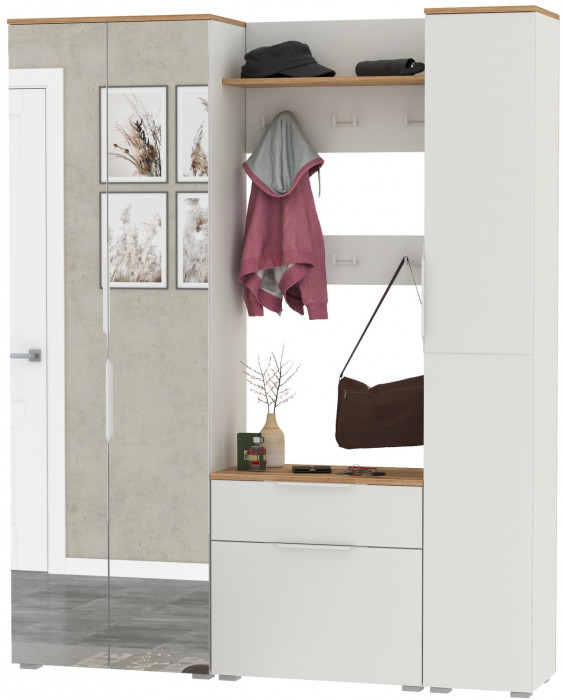 Октава Прихожая 15-123Н, цвет белый шагрень/дуб крафт золотой/фасады МДФ белый шагрень, ШхГхВ 161,5х35,4х197,6 см., универсальная сборка