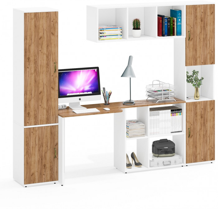 Лидер-8 Пенал МД 22Б + Стол + Полка + Пенал, белый шагрень/крафт золото