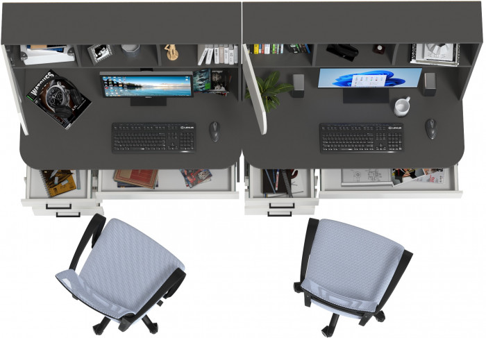 Два стола рабочих 6-0606 Сигма + два кресла 103 серых, цвет графит/белый, ШхГхВ 241х60,5х166 см., НЕ универсальная сборка