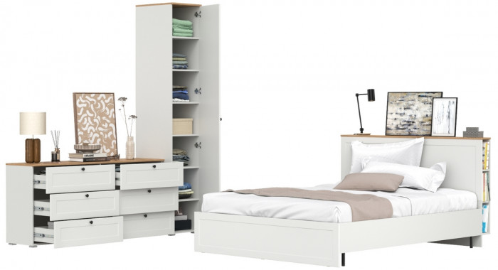 Остин 11.53 Кровать + ортопед + 13.225 Шкаф-пенал + 16.240 Комод, белый шагрень/дуб крафт золотой