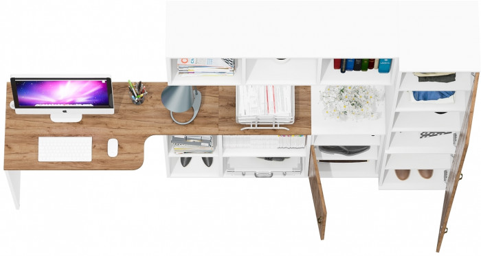 Лидер-8 Стол + Полка + Тумба МД 3.19 + Пенал МД 22Б, цвет белый шагрень/крафт золото, ШхГхВ 245х50/37,5х75/190 или 115х160/50х75/190 см., НЕ ун. сб.