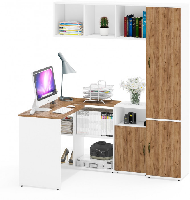 Лидер-8 Стол + Полка + Тумба МД 3.19 + Пенал МД 22Б, цвет белый шагрень/крафт золото, ШхГхВ 245х50/37,5х75/190 или 115х160/50х75/190 см., НЕ ун. сб.