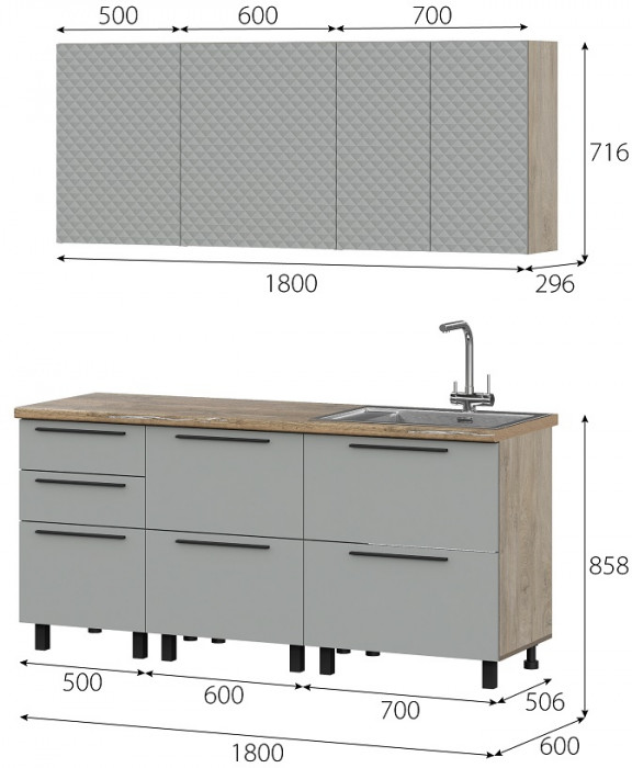 Кухня Этна 1.8 м. Комплект 3, софт грей гиза