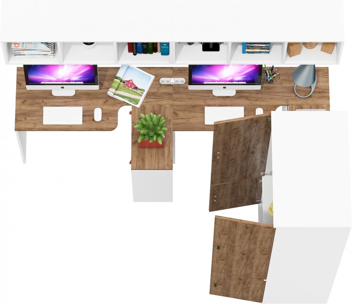 Лидер-8 Стол + Полка + Стол + Полка + Шкаф МД 19Б, белый шагрень/крафт золото