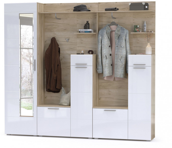 Лайн Прихожая № 03, цвет дуб крафт серый/фасады МДФ белый глянец, ШхГхВ 234,6х35,1х210 см., НЕ универсальная сборка