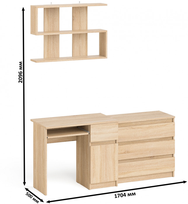 Мори Стол компьютерный МС-1 правый + Комод МК800.1 + Полка 900, цвет дуб сонома, ШхГхВ 170,4х50х209,6 см., НЕ универсальная сборка