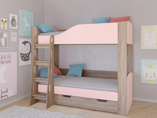 Кровать двухъярусная АСТРА 2 Сонома/Розовый с ящиком