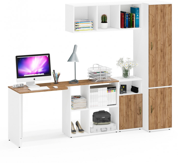 Лидер-8 Стол + Полка + Тумба МД 3.19 + Пенал МД 23Б, цвет белый шагрень/крафт золото, ШхГхВ 245х50х75/190 или 115х160/50х75/190 см., НЕ ун. сб.